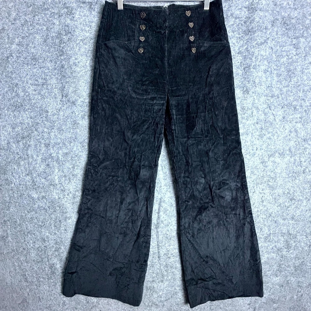 Voodoo Vixen Corduroy Pants Womens 8 Black Heart Buttons Goth Witchy Wide Leg